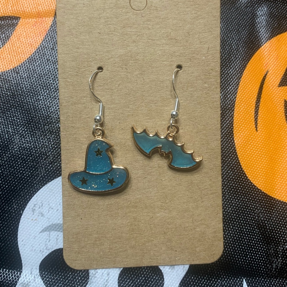 Blue witch hat and bat earrings